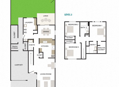Floor plan for 3 beds, 2.5 baths, 1402 sqft